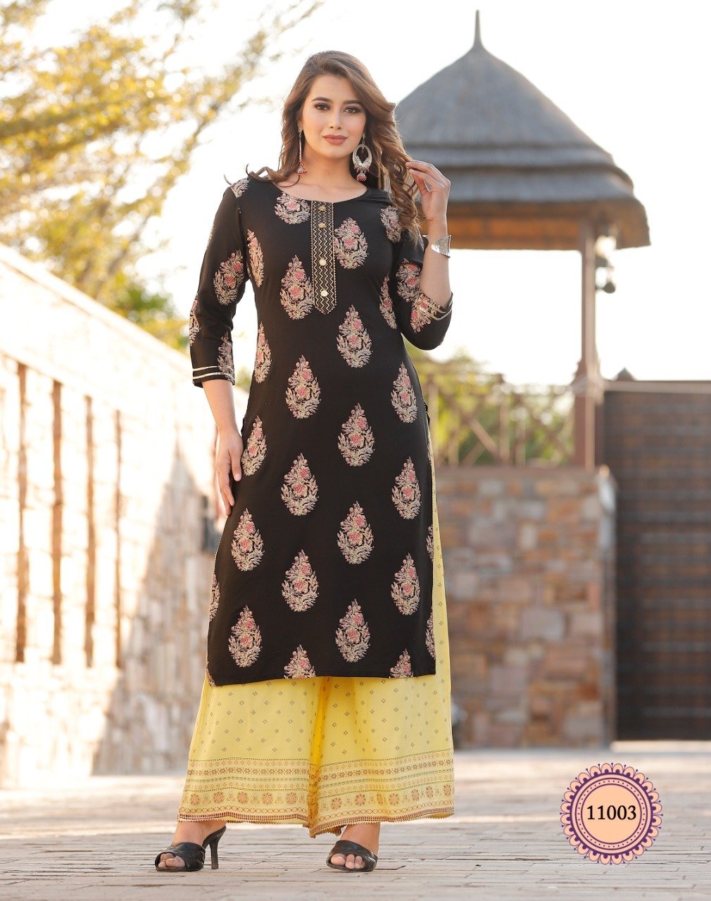 Peach Nylon Gathered Embroidered Kurta Garara Suit Set